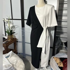 NWT Calvin Klein black white tie knee length dress